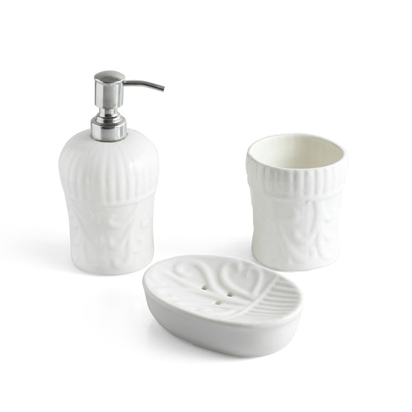 ExclusiveLane 'Ivory Essence' Ceramic Bathroom Accessory Set of 3 (Liquid Soap Dispenser, Toothbrush Holder, Soap Tray, Hand-Embossed)