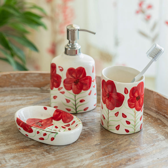 ExclusiveLane 'Scarlet Bloom' Ceramic Bathroom Accessory Set of 3 (Liquid Soap Dispenser, Toothbrush Holder, Soap Tray, Hand-Painted)