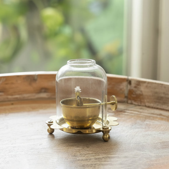 'Divine Mist' Adjustable Bati Akhand Jyot Incense Burner (100% Pure Brass and Glass, Hand-Etched, 7.8 Cm)