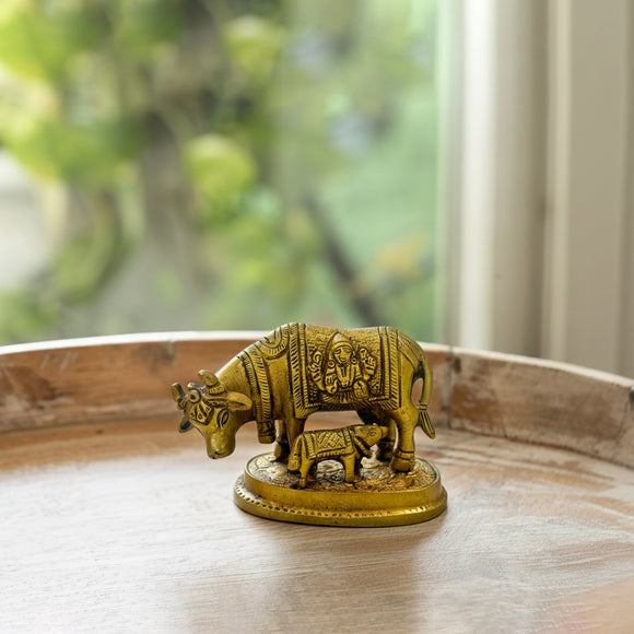 'Kamdhenu Cow with Calf' Vastu Decorative Showpiece Figurine (100% Pure Brass, Hand-Etched, 6.9 Cm)