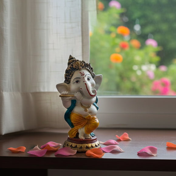 'Divine Flute Ganesha' Idol Decorative Showpiece Figurine (Resin, Hand-Crafted, 14.5 Cm)