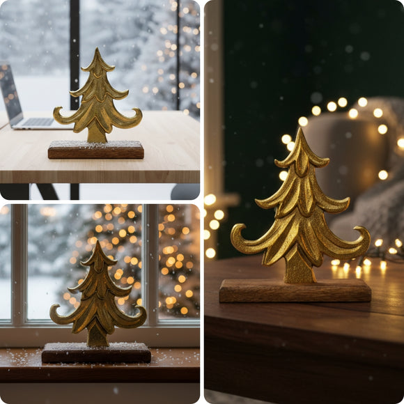 'Golden Curved Christmas Tree' Aluminium Decorative Showpiece Figurine (Hand-Etched, 17.5 Cms