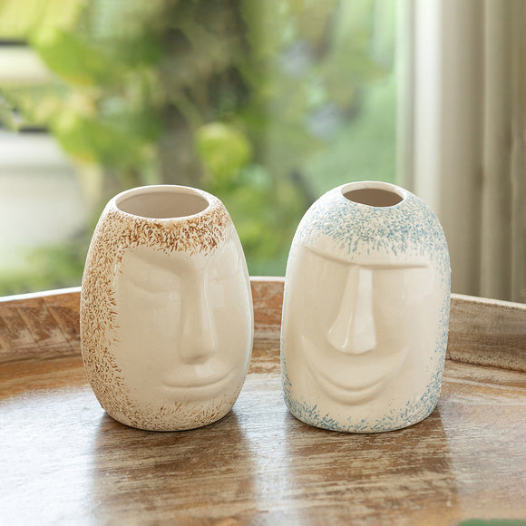 ExclusiveLane 'Sculpted Harmony' Decorative Ceramic Vases (Set of 2, 13.9 Cm, Handglazed Studio Pottery)