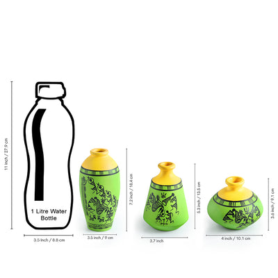 ExclusiveLane 'Warli Tales' Hand-Painted Terracotta Vases (Set of 3, Lime Green & Yellow)