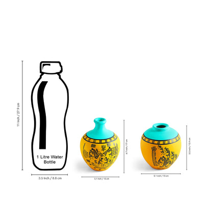 ExclusiveLane 'Warli Tales' Hand-Painted Terracotta Vases (Set of 2, Yellow & Turquoise)