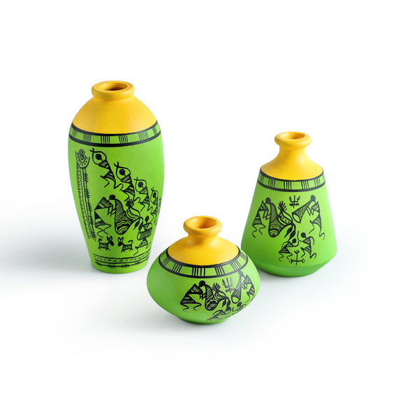 ExclusiveLane 'Warli Tales' Hand-Painted Terracotta Vases (Set of 3, Lime Green & Yellow)