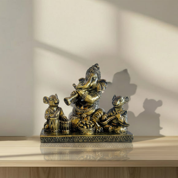 'Divine Ganpati' Resin Decorative Showpiece Murti with Mushak (Hand-Crafted, 13.7 Cm)