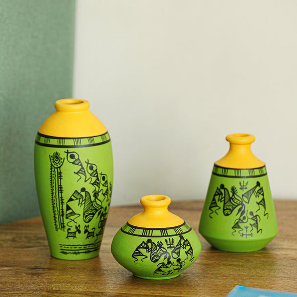 ExclusiveLane 'Warli Tales' Hand-Painted Terracotta Vases (Set of 3, Lime Green & Yellow)