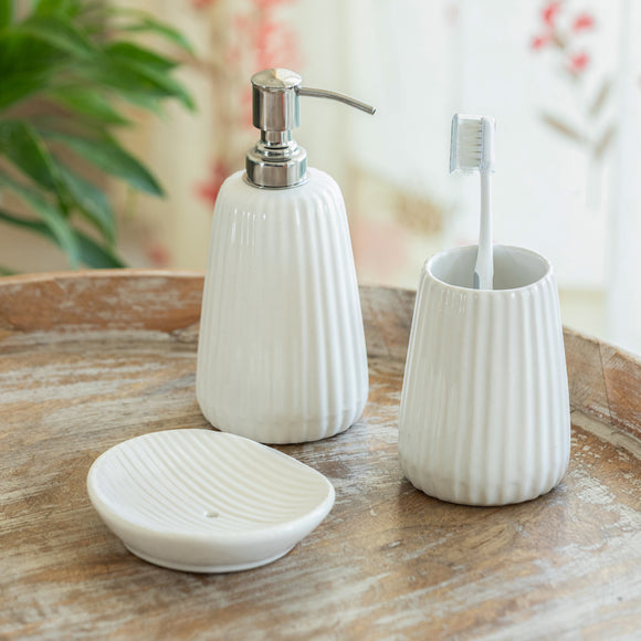 ExclusiveLane 'Classic Calm' Ceramic Bathroom Accessory Set of 3 (Liquid Soap Dispenser, Toothbrush Holder, Soap Tray, Hand-Embossed)