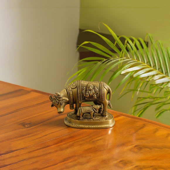 'Kamdhenu Cow with Calf' Vastu Decorative Showpiece Figurine (100% Pure Brass, Hand-Etched, 6.9 Cm)