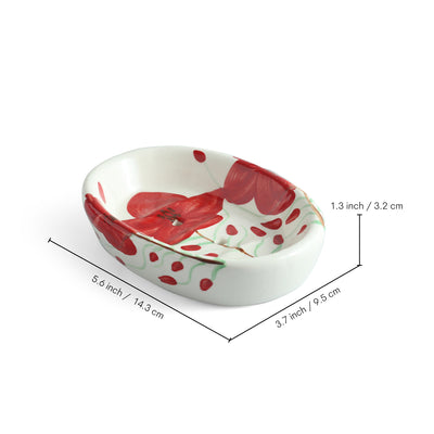ExclusiveLane 'Scarlet Bloom' Ceramic Bathroom Accessory Set of 3 (Liquid Soap Dispenser, Toothbrush Holder, Soap Tray, Hand-Painted)