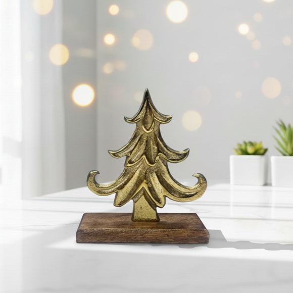 'Golden Curved Christmas Tree' Aluminium Decorative Showpiece Figurine (Hand-Etched, 17.5 Cms