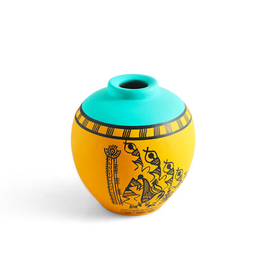 ExclusiveLane 'Warli Tales' Hand-Painted Terracotta Vases (Set of 2, Yellow & Turquoise)