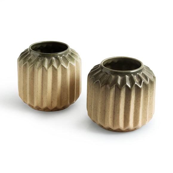 ExclusiveLane 'Ripped Radiance' Decorative Ceramic Vases (Set of 2, 11.5 Cm, Handglazed Studio Pottery)