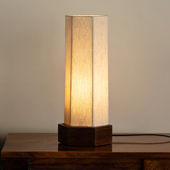 ExclusiveLane 'Silent Shine' Hexagon Table Lamp In Mango Wood (33.5 Cm, Without Bulb, Handcrafted)