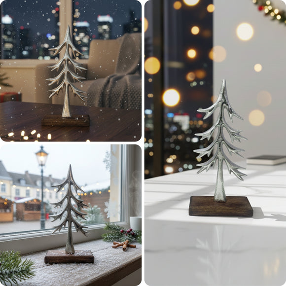 'Silver Pine' Aluminium Decorative Showpiece Figurine (Hand-Etched, 22.8 Cm)