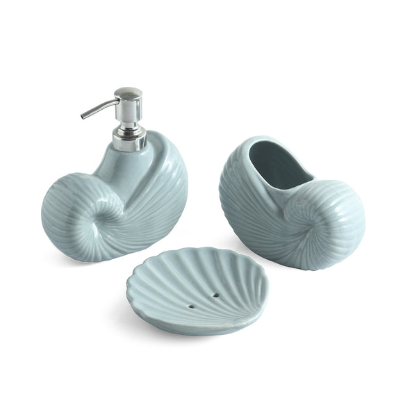 ExclusiveLane 'Sea Shell Comfort' Ceramic Bathroom Accessory Set of 3 (Liquid Soap Dispenser, Toothbrush Holder, Soap Tray, Hand-Embossed)