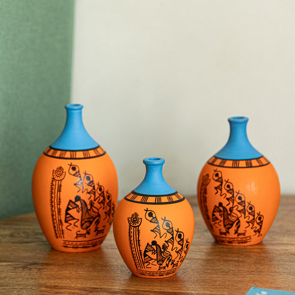 ExclusiveLane 'Warli Tales' Hand-Painted Terracotta Vases (Set of 3, Sunset Orange & Cool Blue)