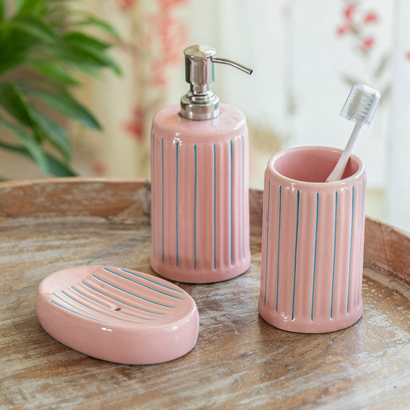 ExclusiveLane 'Blush Elegance' Ceramic Bathroom Accessory Set of 3 (Liquid Soap Dispenser, Toothbrush Holder, Soap Tray, Hand-Carved)