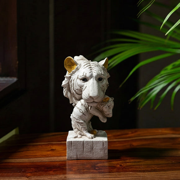 'White Tiger Statue With Cub' Decorative Showpiece Figurine (Resin, Hand-Crafted, 22.2 Cm)