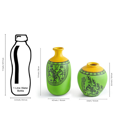 ExclusiveLane 'Warli Tales' Hand-Painted Terracotta Vases (Set of 2, Lime Green & Yellow)