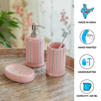 ExclusiveLane 'Blush Elegance' Ceramic Bathroom Accessory Set of 3 (Liquid Soap Dispenser, Toothbrush Holder, Soap Tray, Hand-Carved)