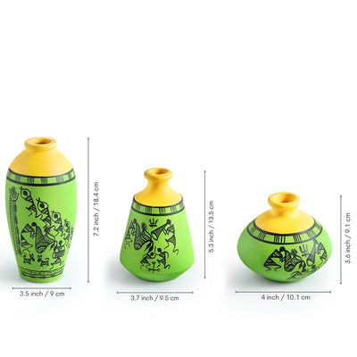 ExclusiveLane 'Warli Tales' Hand-Painted Terracotta Vases (Set of 3, Lime Green & Yellow)