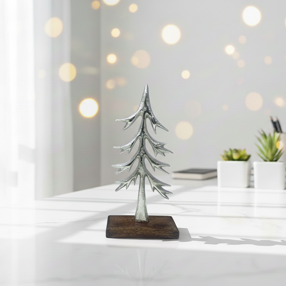 'Silver Pine' Aluminium Decorative Showpiece Figurine (Hand-Etched, 22.8 Cm)