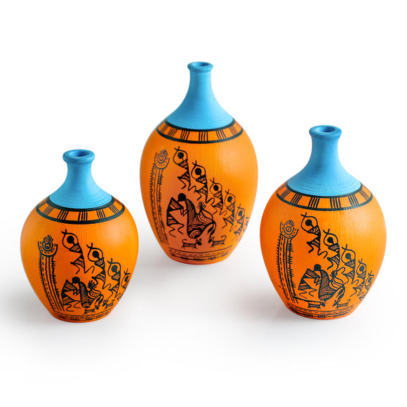 ExclusiveLane 'Warli Tales' Hand-Painted Terracotta Vases (Set of 3, Sunset Orange & Cool Blue)