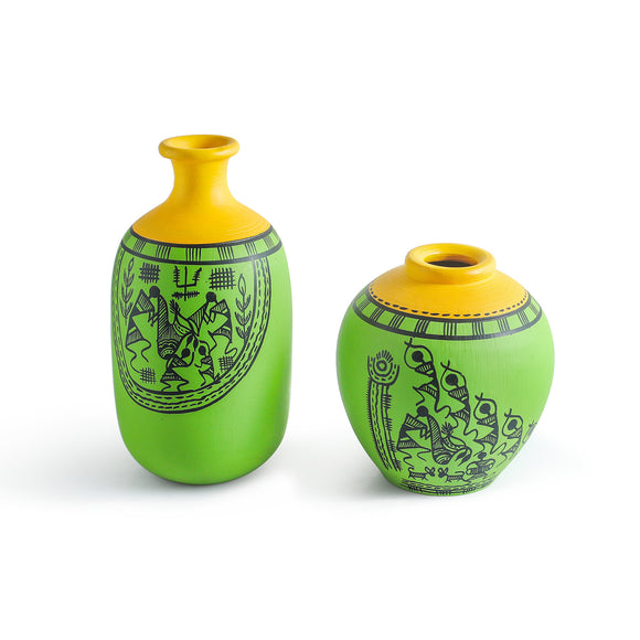 ExclusiveLane 'Warli Tales' Hand-Painted Terracotta Vases (Set of 2, Lime Green & Yellow)