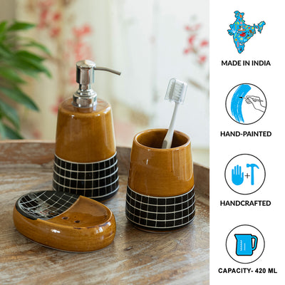 ExclusiveLane 'Sun Checkered' Ceramic Bathroom Accessory Set of 3 (Liquid Soap Dispenser, Toothbrush Holder, Soap Tray, Hand-Carved)