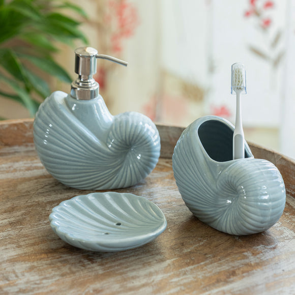 ExclusiveLane 'Sea Shell Comfort' Ceramic Bathroom Accessory Set of 3 (Liquid Soap Dispenser, Toothbrush Holder, Soap Tray, Hand-Embossed)