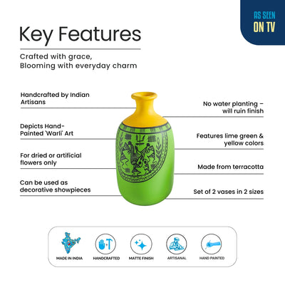 ExclusiveLane 'Warli Tales' Hand-Painted Terracotta Vases (Set of 2, Lime Green & Yellow)