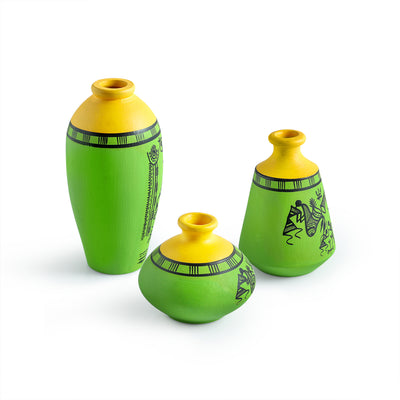 ExclusiveLane 'Warli Tales' Hand-Painted Terracotta Vases (Set of 3, Lime Green & Yellow)