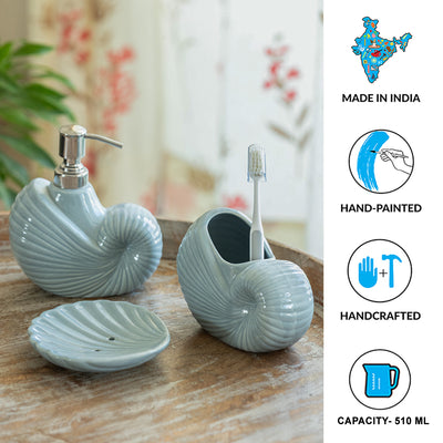 ExclusiveLane 'Sea Shell Comfort' Ceramic Bathroom Accessory Set of 3 (Liquid Soap Dispenser, Toothbrush Holder, Soap Tray, Hand-Embossed)