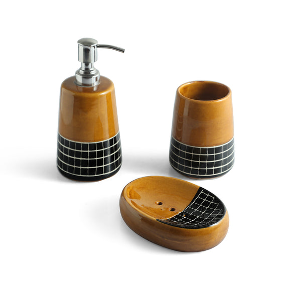 ExclusiveLane 'Sun Checkered' Ceramic Bathroom Accessory Set of 3 (Liquid Soap Dispenser, Toothbrush Holder, Soap Tray, Hand-Carved)