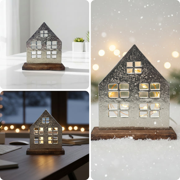 'Christmas Cottage' Aluminium Decorative Showpiece Figurine (Hand-Etched, 18.6 Cm)