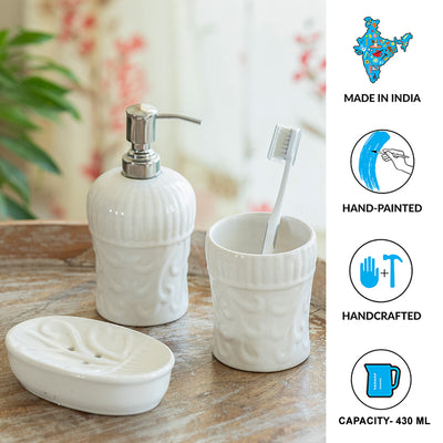 ExclusiveLane 'Ivory Essence' Ceramic Bathroom Accessory Set of 3 (Liquid Soap Dispenser, Toothbrush Holder, Soap Tray, Hand-Embossed)
