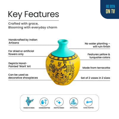 ExclusiveLane 'Warli Tales' Hand-Painted Terracotta Vases (Set of 2, Yellow & Turquoise)