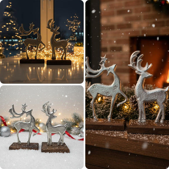 'Silver Reindeer Duo' Aluminium Decorative Showpiece Figurines (Set Of 2, Hand-Etched, 16.5 Cm)