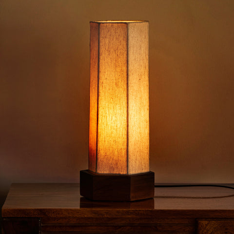 ExclusiveLane 'Silent Shine' Hexagon Table Lamp In Mango Wood (33.5 Cm, Without Bulb, Handcrafted)