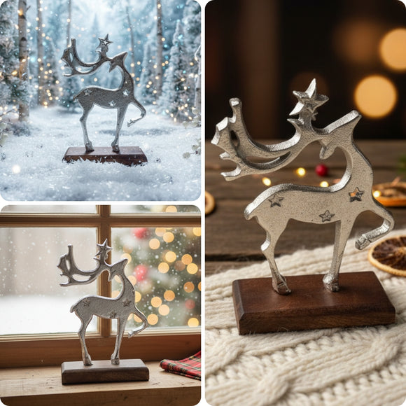 'Starry Reindeer' Aluminium Decorative Showpiece Figurine (Hand-Etched, 16.2 Cm)