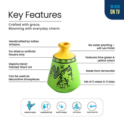 ExclusiveLane 'Warli Tales' Hand-Painted Terracotta Vases (Set of 3, Lime Green & Yellow)
