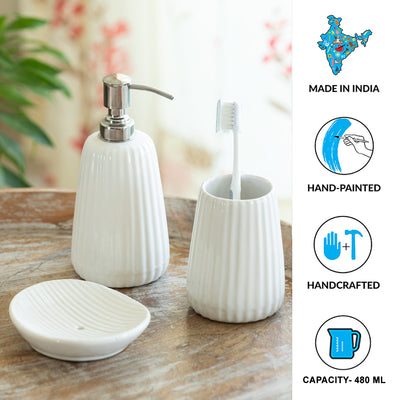 ExclusiveLane 'Classic Calm' Ceramic Bathroom Accessory Set of 3 (Liquid Soap Dispenser, Toothbrush Holder, Soap Tray, Hand-Embossed)