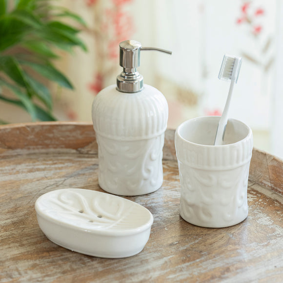 ExclusiveLane 'Ivory Essence' Ceramic Bathroom Accessory Set of 3 (Liquid Soap Dispenser, Toothbrush Holder, Soap Tray, Hand-Embossed)