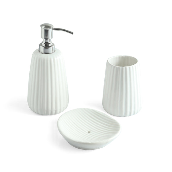 ExclusiveLane 'Classic Calm' Ceramic Bathroom Accessory Set of 3 (Liquid Soap Dispenser, Toothbrush Holder, Soap Tray, Hand-Embossed)