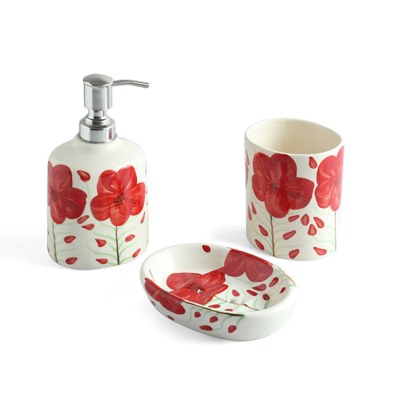 ExclusiveLane 'Scarlet Bloom' Ceramic Bathroom Accessory Set of 3 (Liquid Soap Dispenser, Toothbrush Holder, Soap Tray, Hand-Painted)