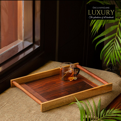 'Woodland Wonders' Handcrafted Serving Tray With Cylindrical Handles In Mango & Sheesham Wood
