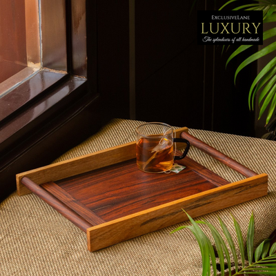 'Woodland Wonders' Handcrafted Serving Tray With Cylindrical Handles In Mango & Sheesham Wood