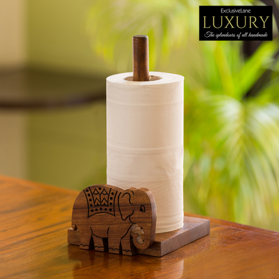'The Elephant Warriors' Hand Carved Kitchen Tissue Roll Holder In Sheesham Wood (2 Rolls)